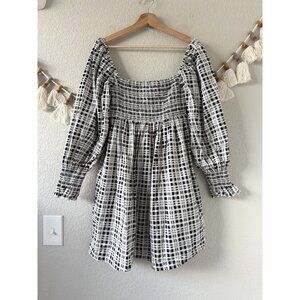 Faithfull The Brand Delano Check Plaid Puff Sleeve Smocked Mini Dress Preppy S